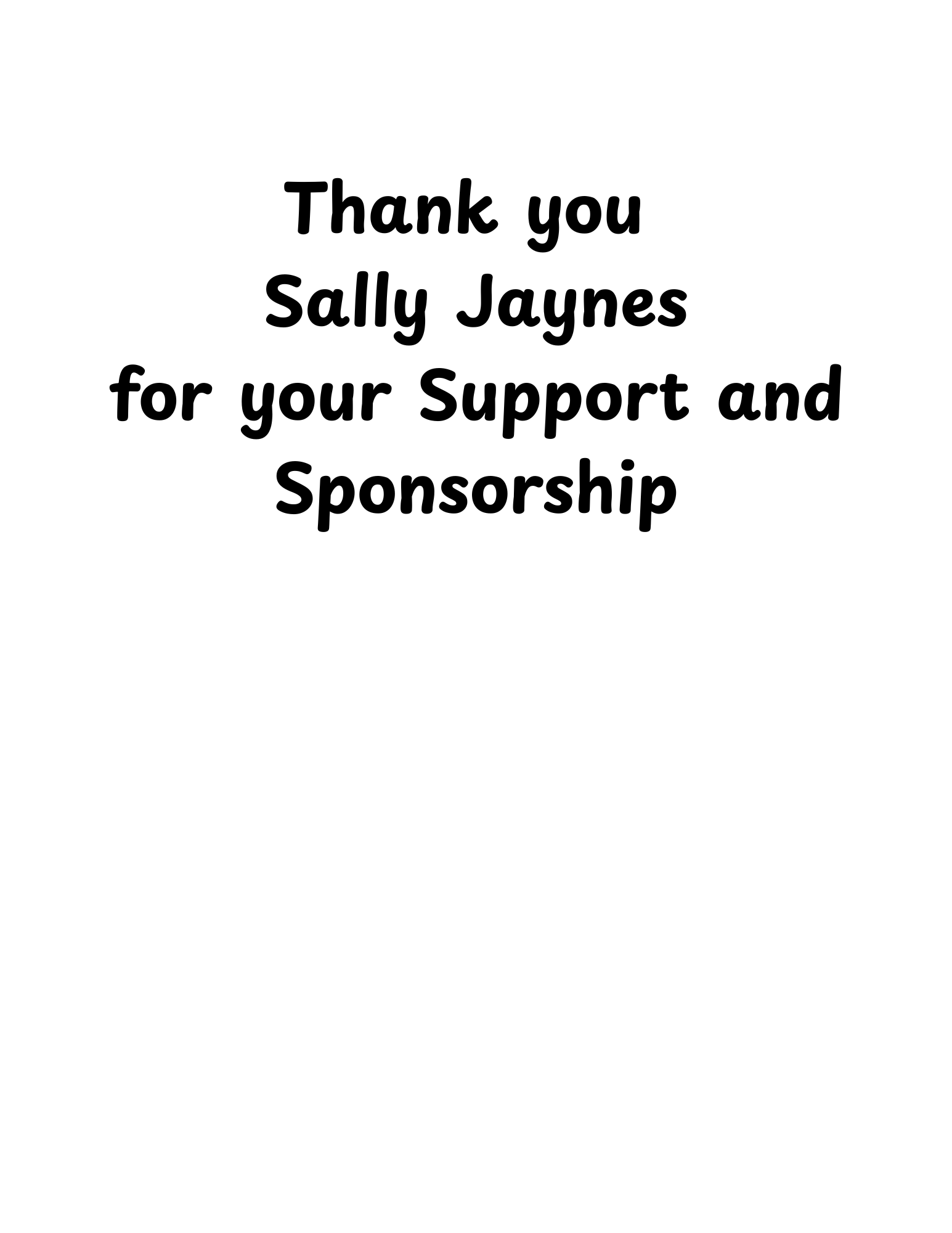 Sally Jaynes sponsor thank you